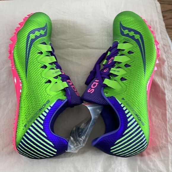 SAUCONY SHOWDOWN 4 RACING SHOES.  COLORS ARE GREEN/PURPLE PINK.  NEW IN … - Picture 2 of 8